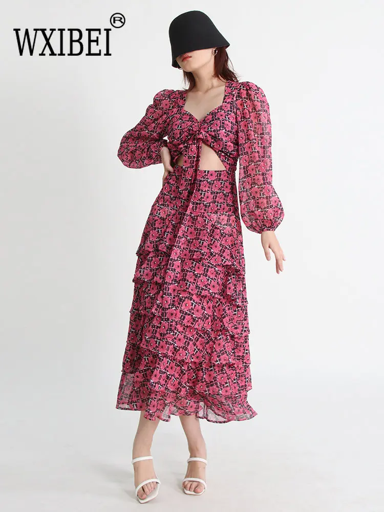 

WXIBEI Printing Dresses Women's V-neck Long Sleeve High Waist Folds Hollow Out Casual A-line Pullover Dress Female Autumn FC071