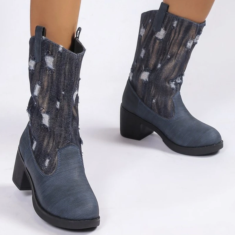 

Женские ковбойские ботильоны челси, дизайнерские ботинки на массивной платформе в стиле панк, повседневные мотоциклетные ботинки-гладиаторы, зима 2024