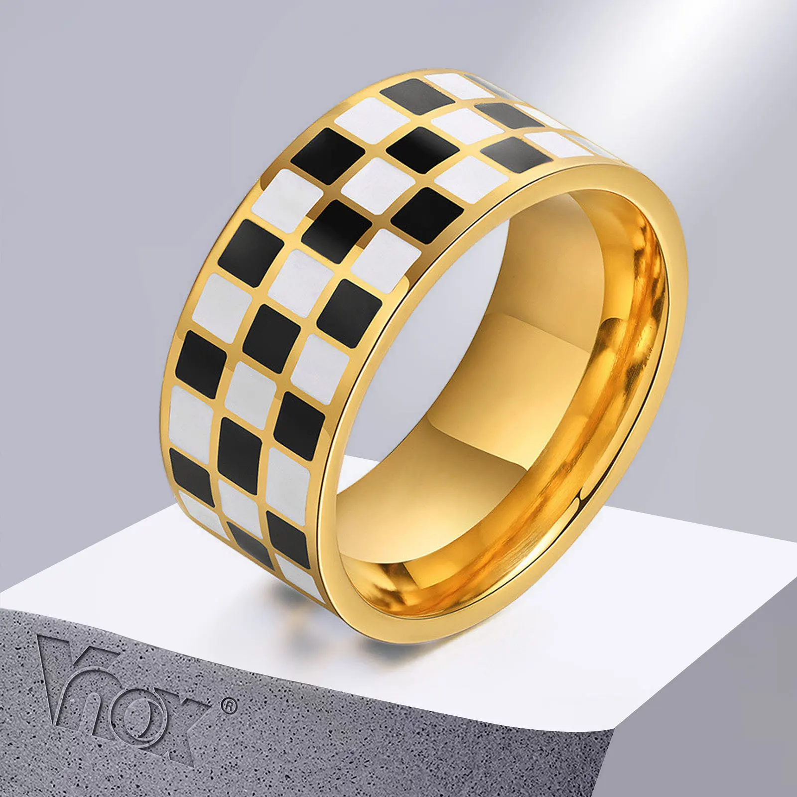 

Vnox Checkerboard Ring for Women, Stylish Cool Gold Color Solid Stainless Steel Finger Band, Vintage Girl Jewelry