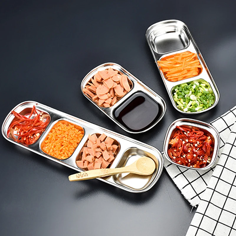 

Stainless Steel Seasoning Dish Multi-grid Barbecue Dipping Dish Dipping Bowls Vinegar Plates Kitchen Tableware