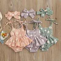 2pcs newborn summer cotton daisy print outfits baby girls clothing tie up u shaped neck spaghetti strap bodysuit bow headband