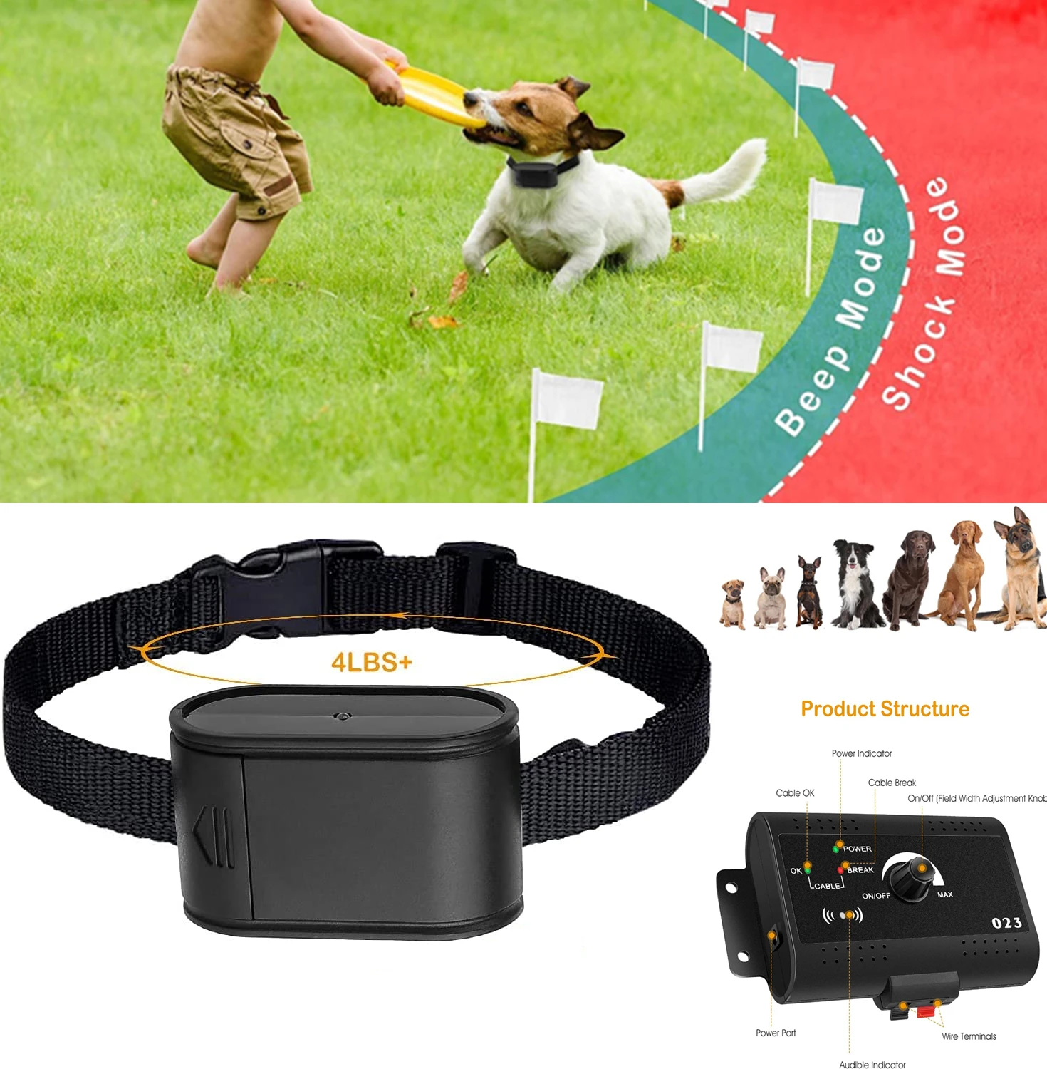 

Electric Dog Fence System Pet Tone Shock Boundary Containment Water Resistant Collar Receiver for Small Medium Large Dog
