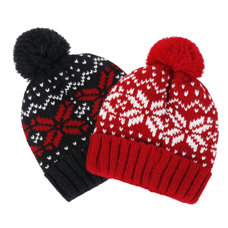 

New Snowflake Pompom Beanie Hat Christmas Gift Korean Winter Warm Knitting Thick Hat For Women And Men Valentine's Day Gift