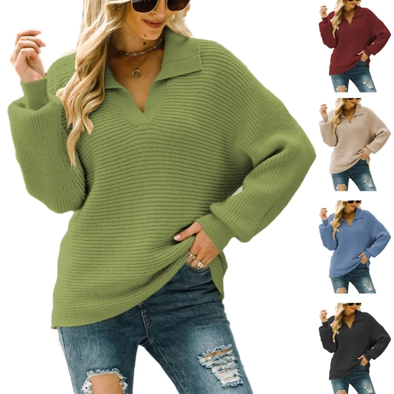 

Women Puff Long Sleeve V-Neck Sweater Lapel Collar Knitted Loose Pullover Top