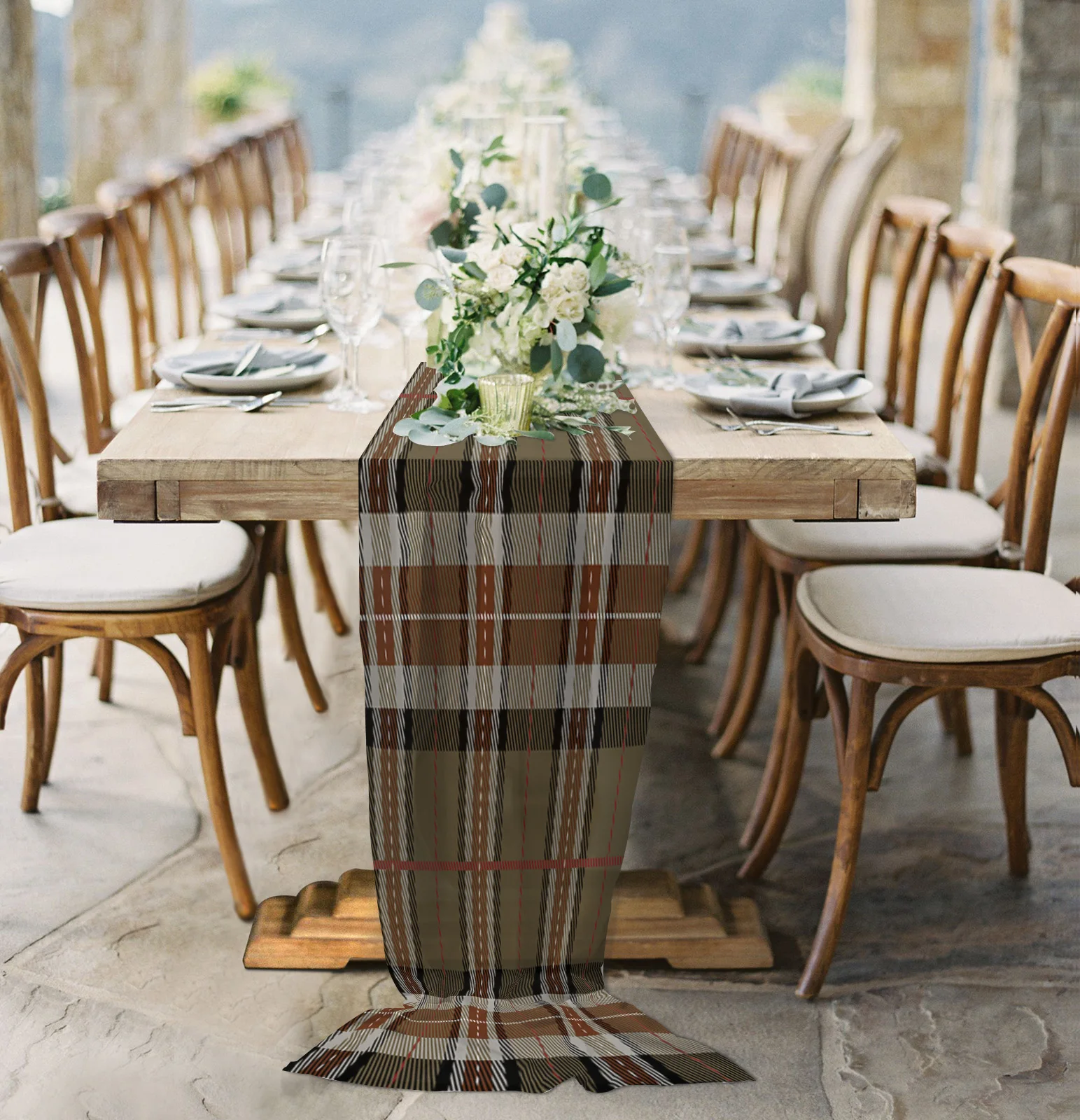 

Modern Ethnic Retro Grid Sheer Chiffon Table Runner Wedding Party Birthday Luxury Voile Tablecloth Home Decoration