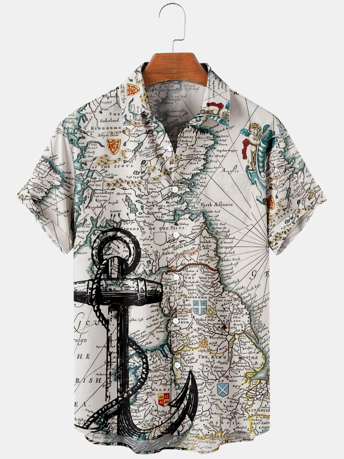 

Summer Men's Short Sleeve Shirt Fashion Airplane Canada Map Ocean Sail Print Casual Button European Size Shirt