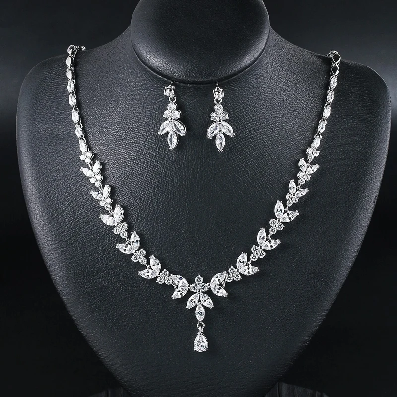 

WEIMANJINGDIAN Brand High Quality Marquise and Teardrop Cubic Zirconia CZ Necklace & Earring Bridal Wedding Jewelry Set
