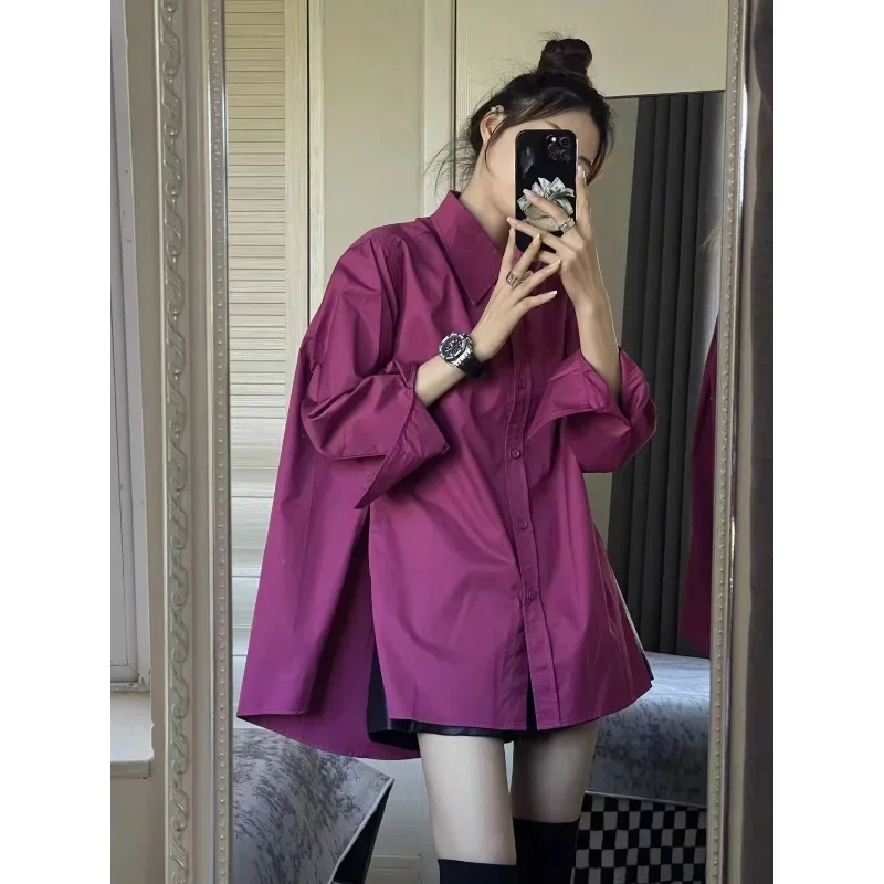 Весенне-осенняя модная женская блузка 2023 рубашки с розовым разрезом по бокам