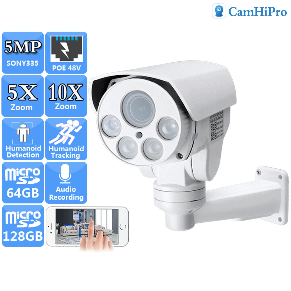 

IP-камера видеонаблюдения H.265 Sonyimx335 HD 5 Мп PTZ POE 48 в аудио 5X 10X зум Автофокус ИК Ночное Видение Аварийная сигнализация