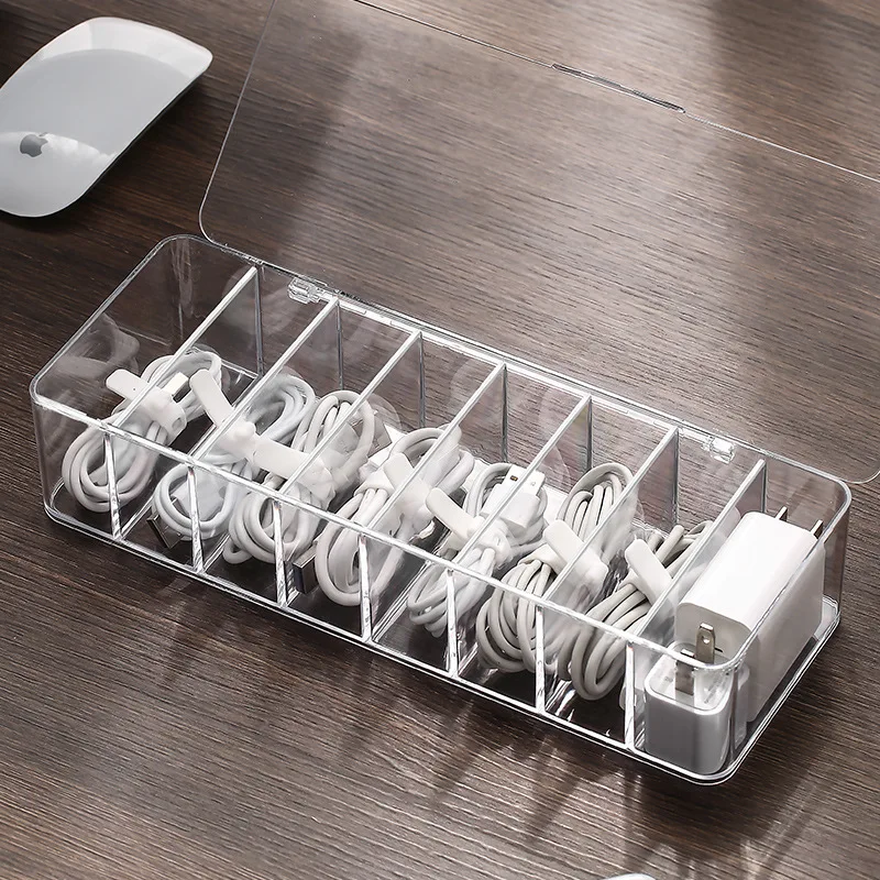 

Transparent Desktop Data Cable Storage Box Headset Charger Charging Cable Sorting Grid Earphone Wire Electric Wire Organizer