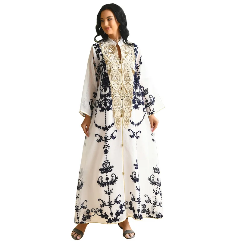 Middle East Womens Muslim Evening Dress Mesh Embroidered Decal Robe Elegante Femme Abaya Dubai Vestidos Largos Moroccan Kaftan
