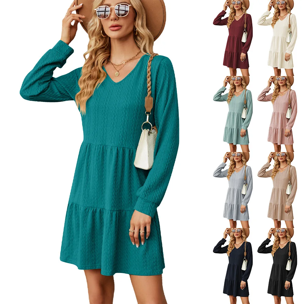 

Новинка Осень-зима 2023, однотонное свободное Взрывобезопасное платье с V-образным вырезом и длинным рукавом, трапециевидная юбка