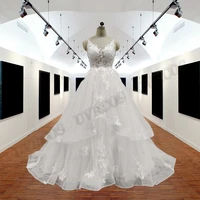 stunning ball gown wedding dress tiered spaghetti straps robe de mariee lace appliques beads custom made vestidos de novia