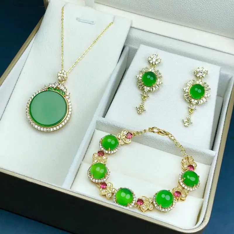 

Green Jade Jewelry Set Women Natural Emerald Chalcedony Pendant Dangle Earrings Bracelets And Adjustable Rings Jewellery Sets