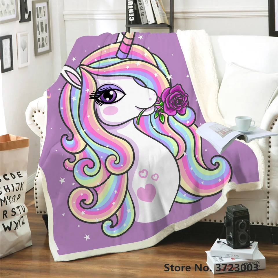 

New 3D Rainbow Unicorn Print Sherpa Blanket Bedspread Velvet Plush Soft Comfortable Children Bedroom Cartoon Decor Home Textile