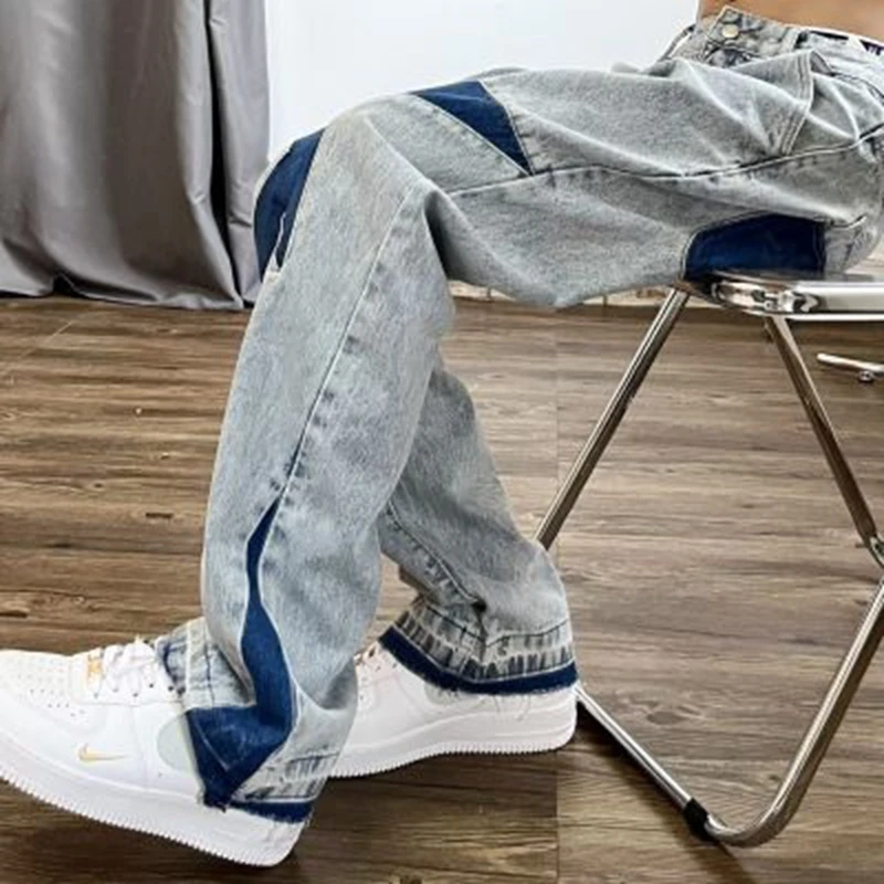 Harajuku Stars Letter Embroidery Patchwork Straight Flare Jeans Pants Mens Retro Ripped Oversized Casual Denim Trousers Y2K