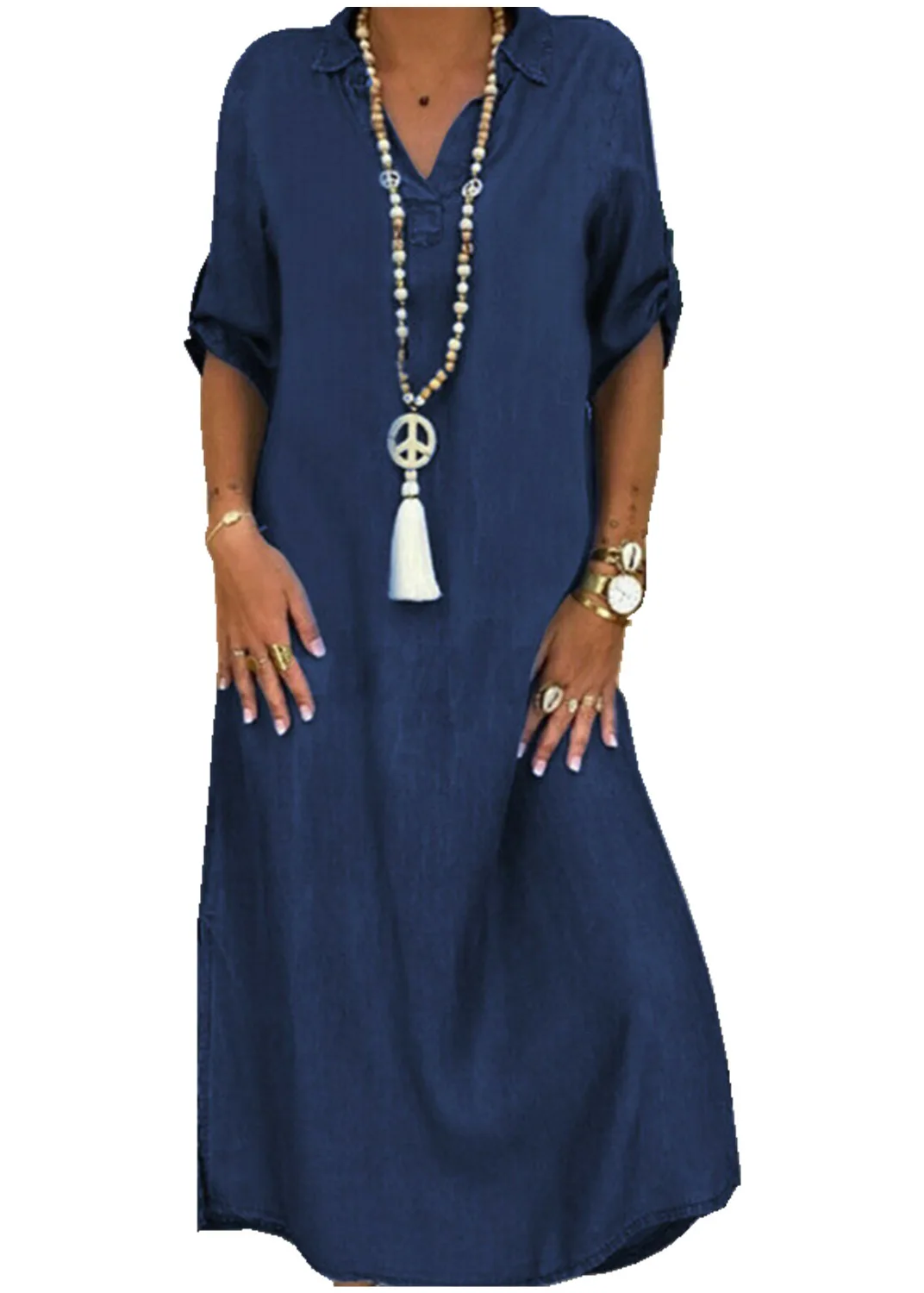 

New women's dress solid color V-neck denim dresses plus size large maxi dresses for women