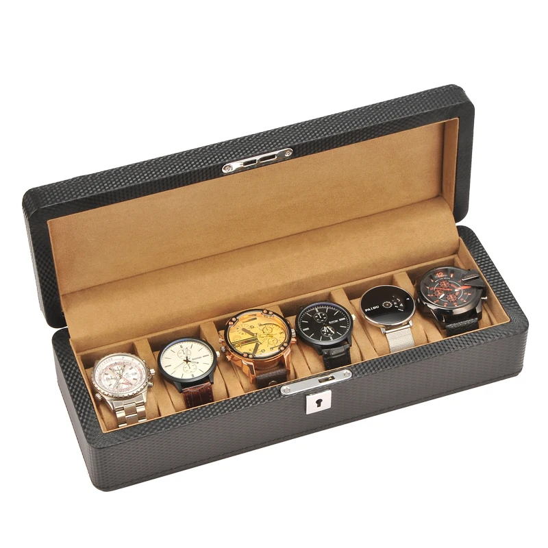 Lockable Watch Storage Boxes 6 grids black color Carbon Fiber Leather Watch Storage Box Case for Watches