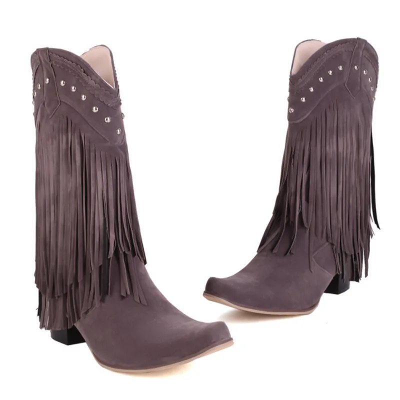 Women Tassel Cowgirl Boots Shoes 2022 New Fringe Middle Heels Western Boots Fashion Slip-on Wedge Pointed Toe Boots Female