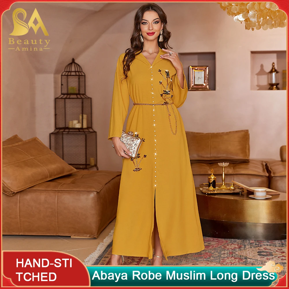 Abaya Robe Dubai Middle East New Yellow Hand-Sewn Diamond Design Pattern Temperament Thin Casual Dress Muslim Long Skirt Abaya