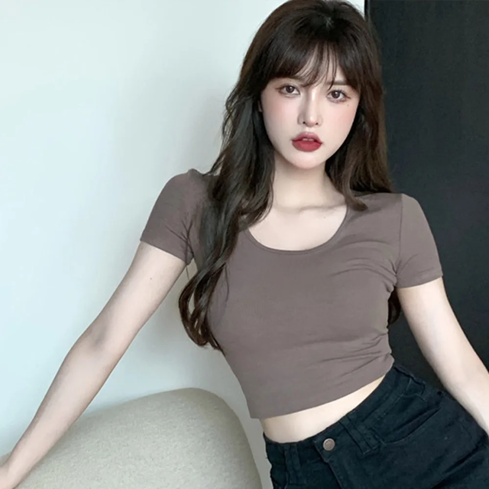

2022 Summer Crop Top Short Sleeve Tops Women T Shirt Black Sexy White Square Neck Casual Mujer Ladies Tee Shirt Grey