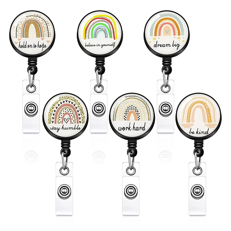 

6 Pcs Rainbow Retractable Badge Reel Inspirational ID Name Badge Holders Boho Rainbow Inspiring Badge Reel