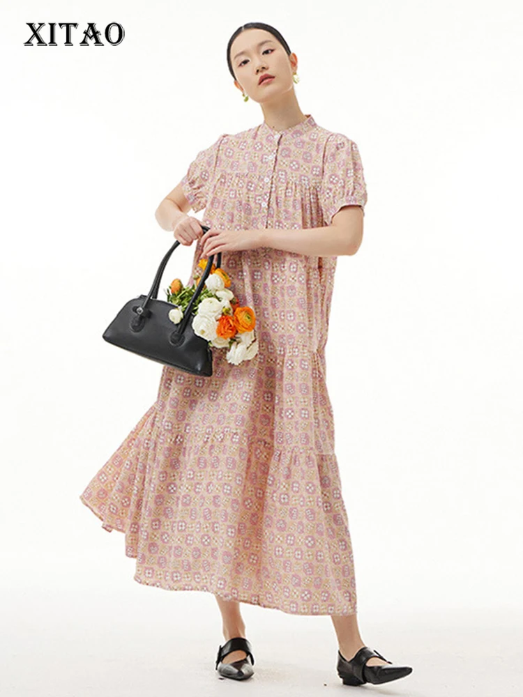 

XITAO Peint Casual Dress Women Korea 2022 Summer New Arrival Personality Fashion Loose Stand Collar Short Sleeve Dress WMD6129