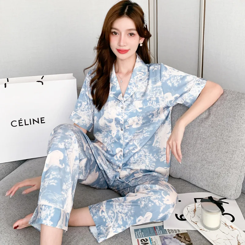 

2022 New Printing High Quality Summer Women's Pajamas Set Ice Silk Like Sleepwear Casual Fashion Female Luxury Homewear
