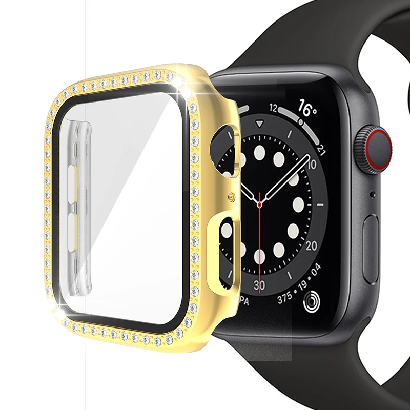 

Блестящее стекло + чехол для Apple Watch с гальваническим покрытием, 45 мм, 41 мм, 40 мм, 44 мм, 42 мм, 38 мм, чехол со стразами + защита для экрана iwatch Series 1, 2,...