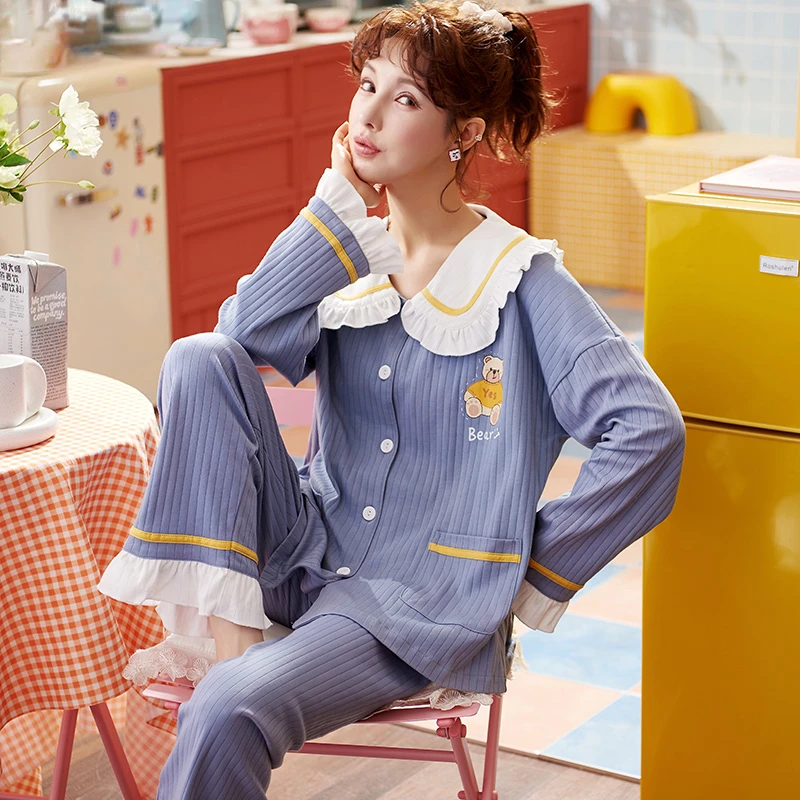 New Princess Style Kawaii Rabbit Printing Soft Cotton Sleepwear Spring Autumn Loose Size Turn-down Collar Pajamas for Girls