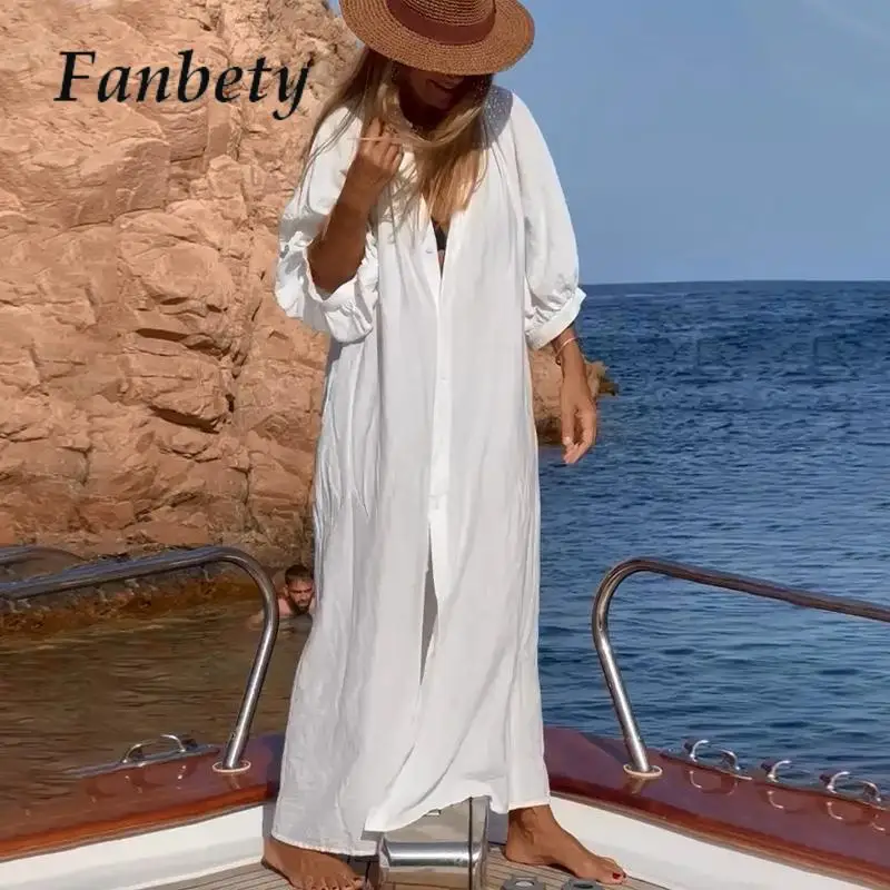 

Elegant Chic Sunshade Cover-ups Dresses Beach Casual Lantern Sleeve White Dress Spring Women Single Breasted Loose Female Dress