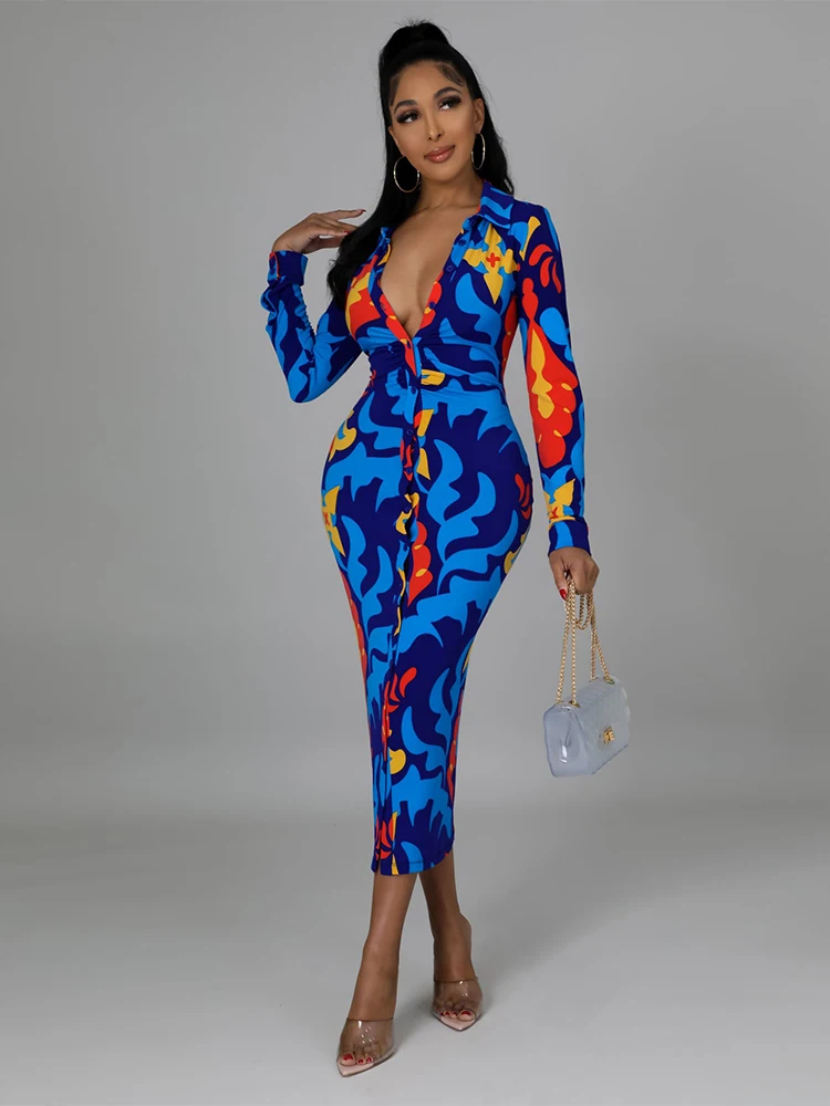 

Elegant Fashion Women's Aesthetic Print Bandage Dresses Spring Autumn Turn Down Collar Full Sleeve Single Breasted Slim Vestidos