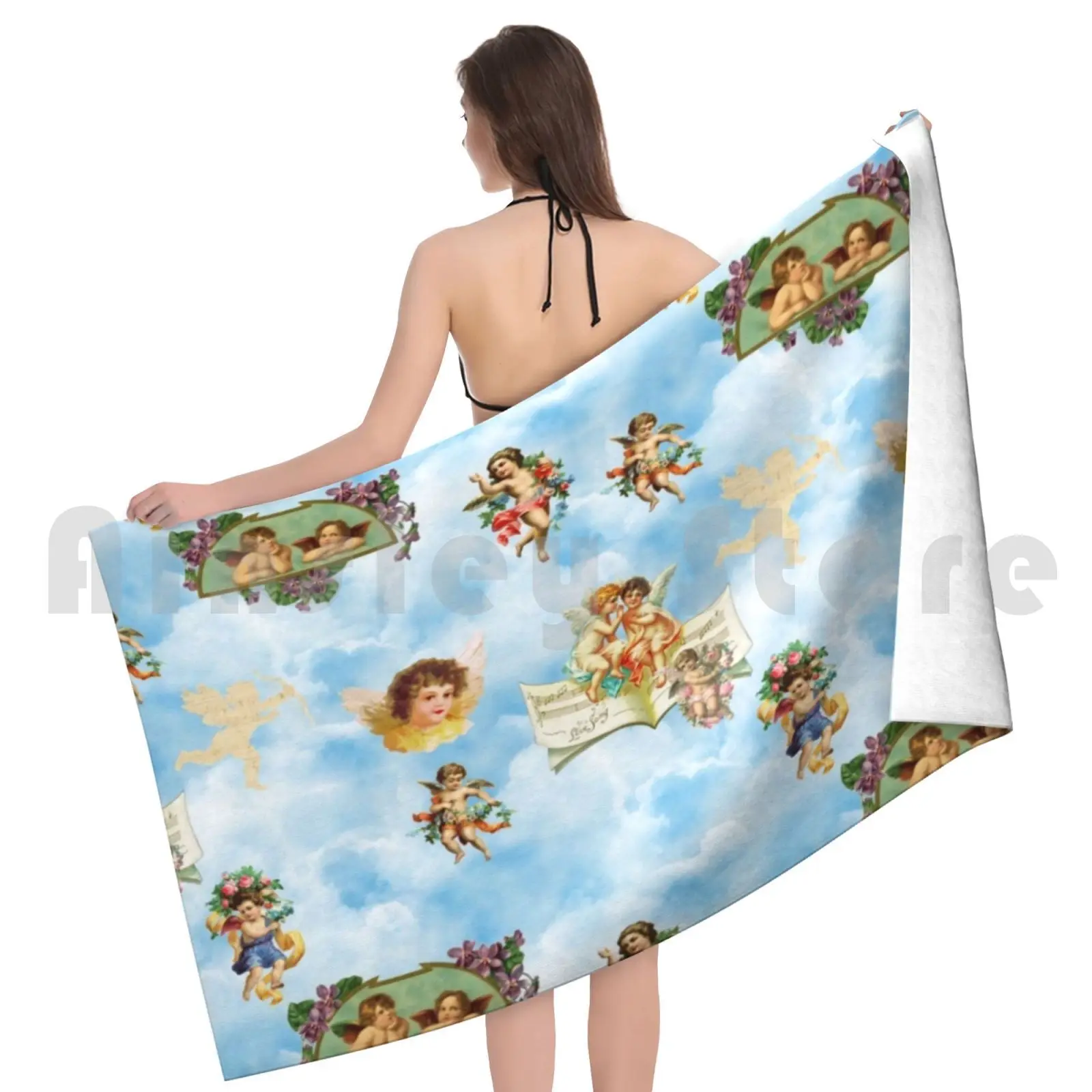 Пляжное полотенце с облаками ангелом Cherubs быстросохнущее качественное небесным