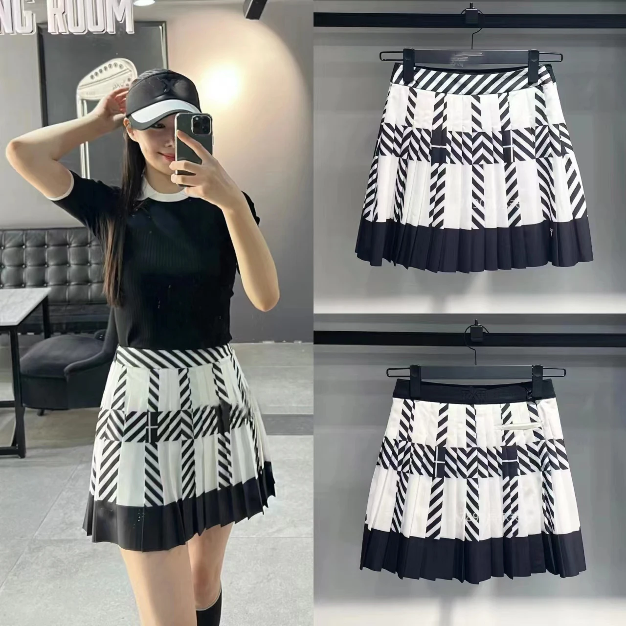 

23 Original Korean Golf Women's Dress Golf Spring/Summer Women's Contrast Color Sign 100 Pleated Half Skirt Printed Short Skirt