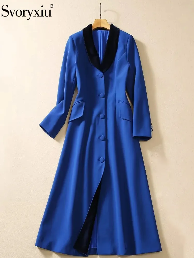 

Svoryxiu New Designer Fashion Spring Autumn Vintage Blue Color Long Blends Coat Women's Turn-down Collar Button Pockets Coat