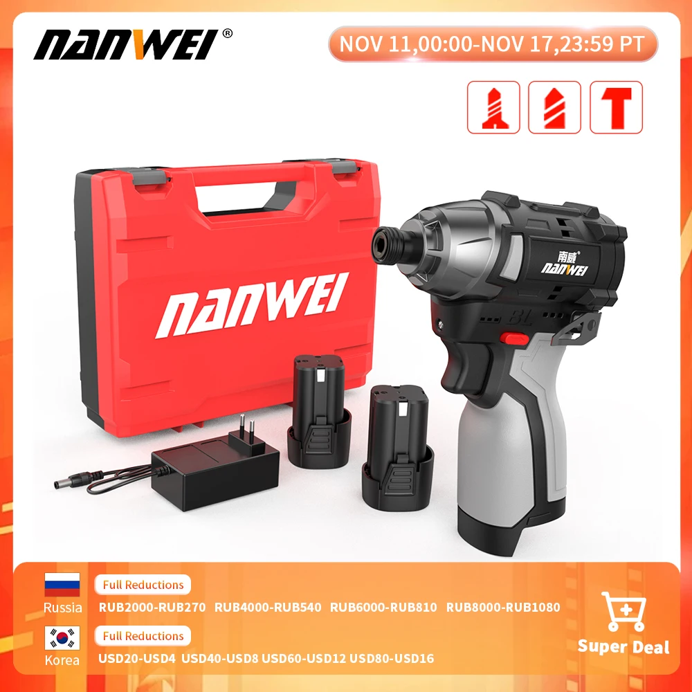 Шуруповерт ударный NANWEI с бесщеточным литиевым аккумулятором, 16,8 в, бытовая электрическая отвертка с 3-скоростным управлением Шуруповерт ударный NANWEI с бесщеточным литиевым аккумулятором, 16,8 в, бытовая электрическая отвертка с 3-скоростным управлением