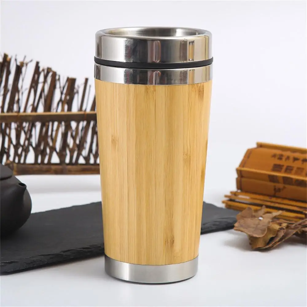 

500ml Bamboo Shell Coffee Cup 304 Stainless Steel Double -layer Insulated Mug With Lid Leak-Proof Creative Pastoral Style Cup