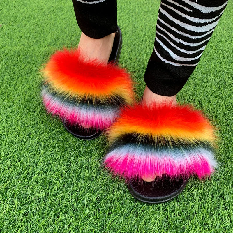 2022 Summer Womens Plush Fluffy Sandals Real Faux Fur Slippers Women Flat Slides Home Flip Flops Female Slipper Sapato Feminino