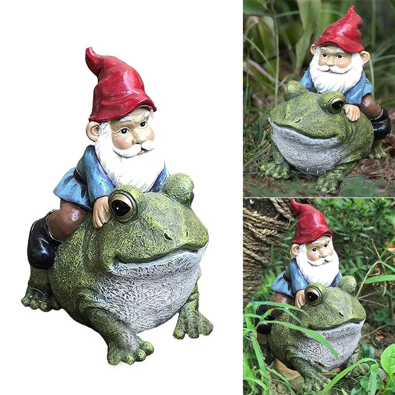 

Whimsical Travelling Mr Gnome On Giant Frog Ride Decorative Statue Magical Journey Gnomes Figurine Outdoor Statue For Patio,