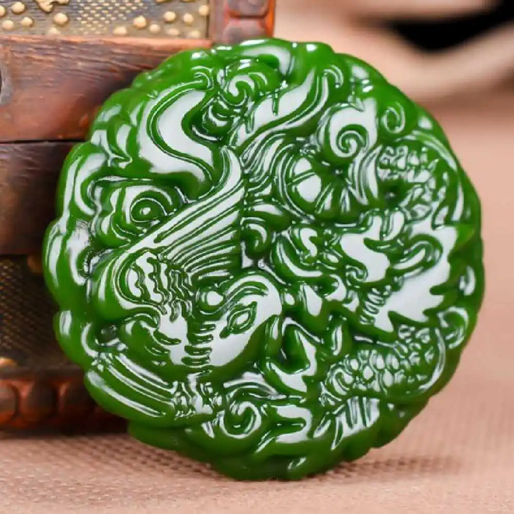 Натуральная Зеленая Нефритовая скульптура кулон с драконом и Фениксом + ожерелье