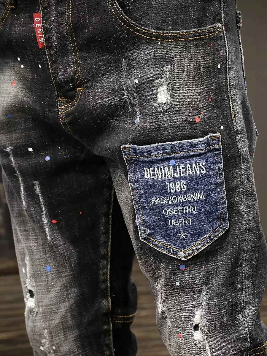 Streetwear Fashion Men Jeans Retro Gray Elastic Stretch Painted Slim Ripped Jeans Men Patch Pocket Designer Hip Hop Pants Hombre
