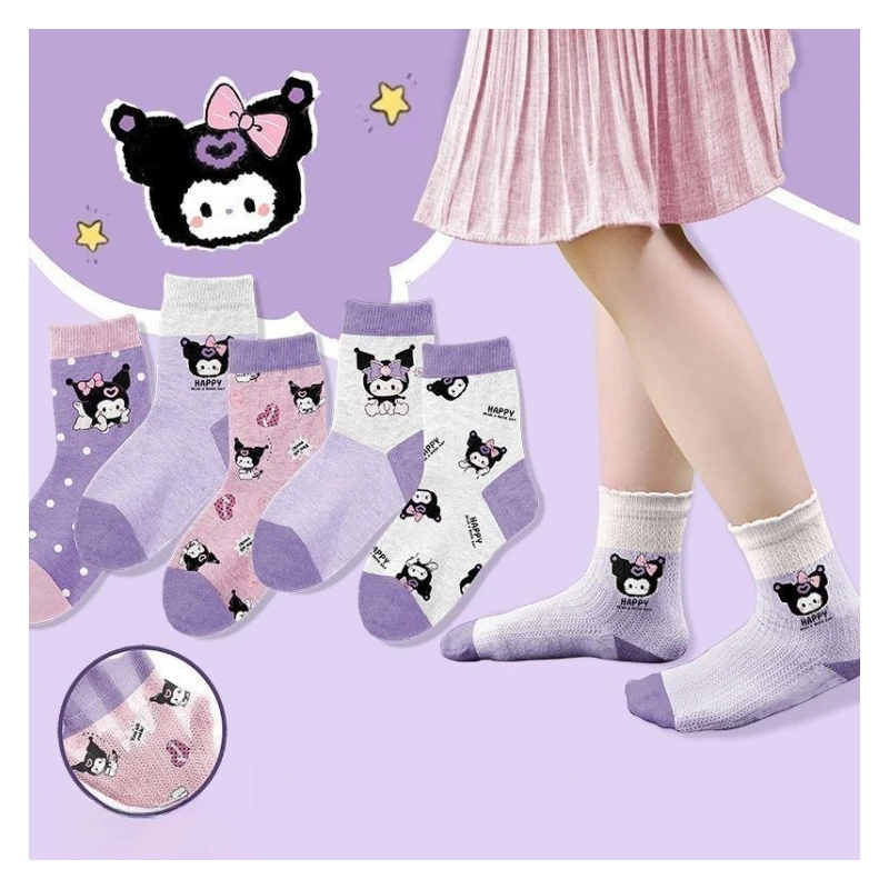 

5 пар/партия, детские носки с принтом Sanrios Kuromi Cinnamoroll