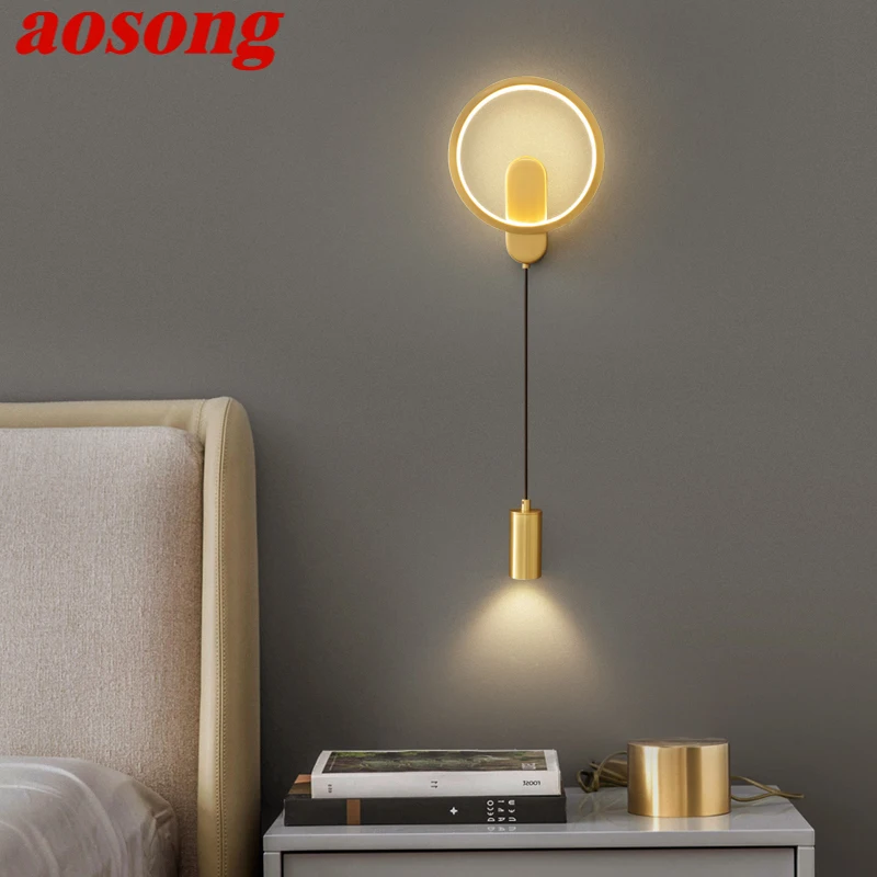 

AOSONG Interior Copper Wall Sconce LED 3 Colors Gold Brass Beside Light Decor Modern Home Live Bedroom