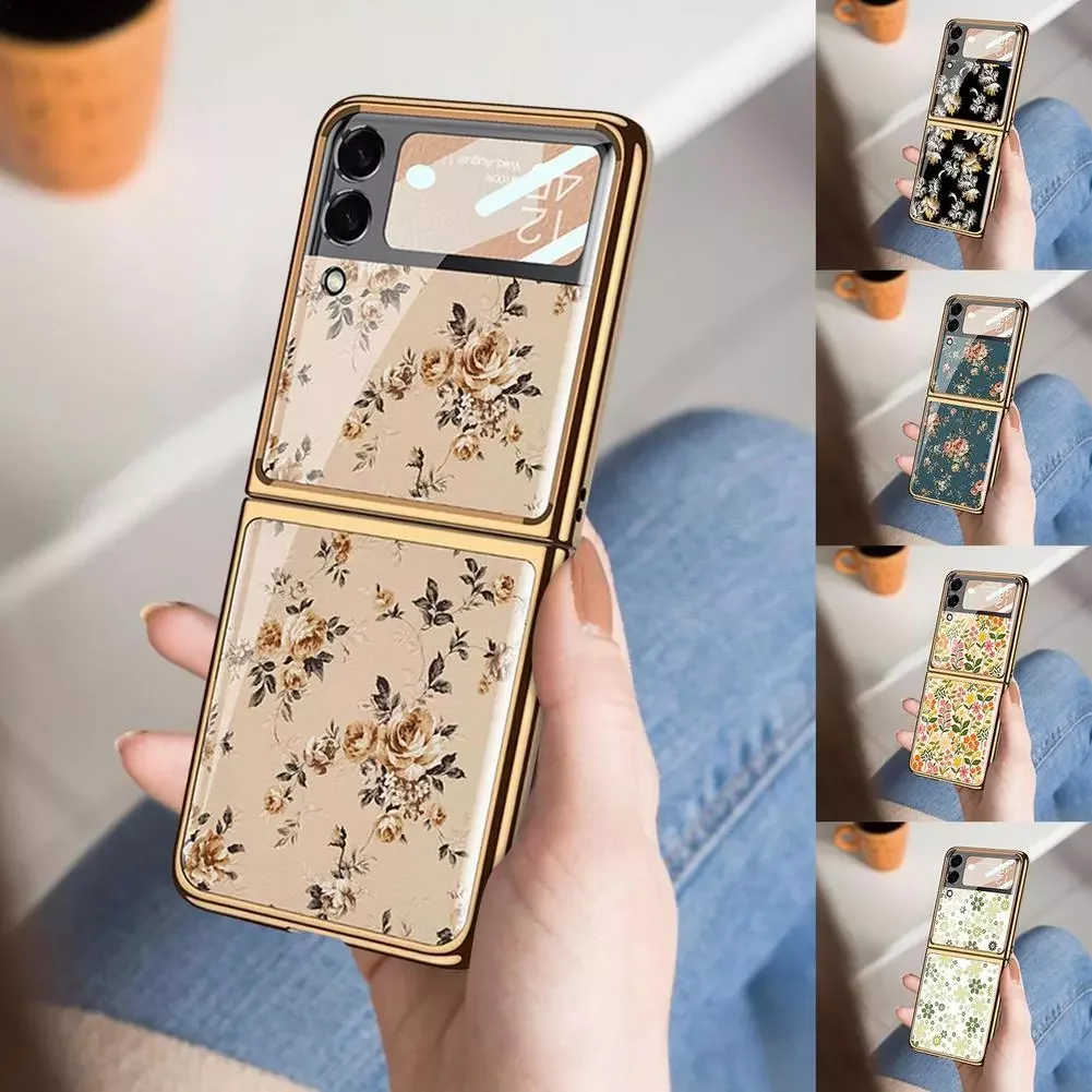 

Ultra Thin Glass Painted Case Galaxy Z Flip 3 Flip Shell Protective Back Cover For Galaxy Z Flip3 Phone Skin Bumper