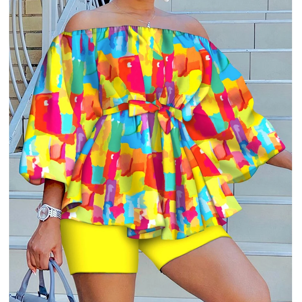 

Wepbel Tie Dye Print Off Shoulder Belted Top & Shorts Set Summer Women Floral-Print Slash Collar Top Skinny Short Pants Sets