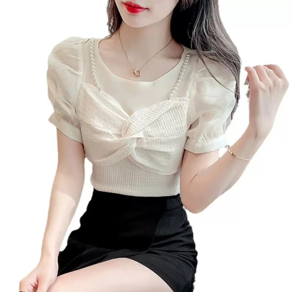 

Ytrkiasy Korean Summer Women Chic Feminine Crop Top O Neck Beading Blouse Puff Sleeve Sweet Short Shirt Trendy