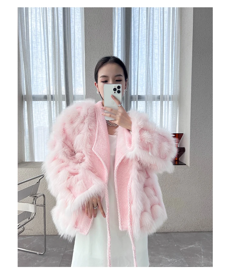 2022 Autumn Winter Knitted Cardigan Jacket blended Thick Warm New Fashion Belt Turn Down Collar Real Fox Fur Coat Women