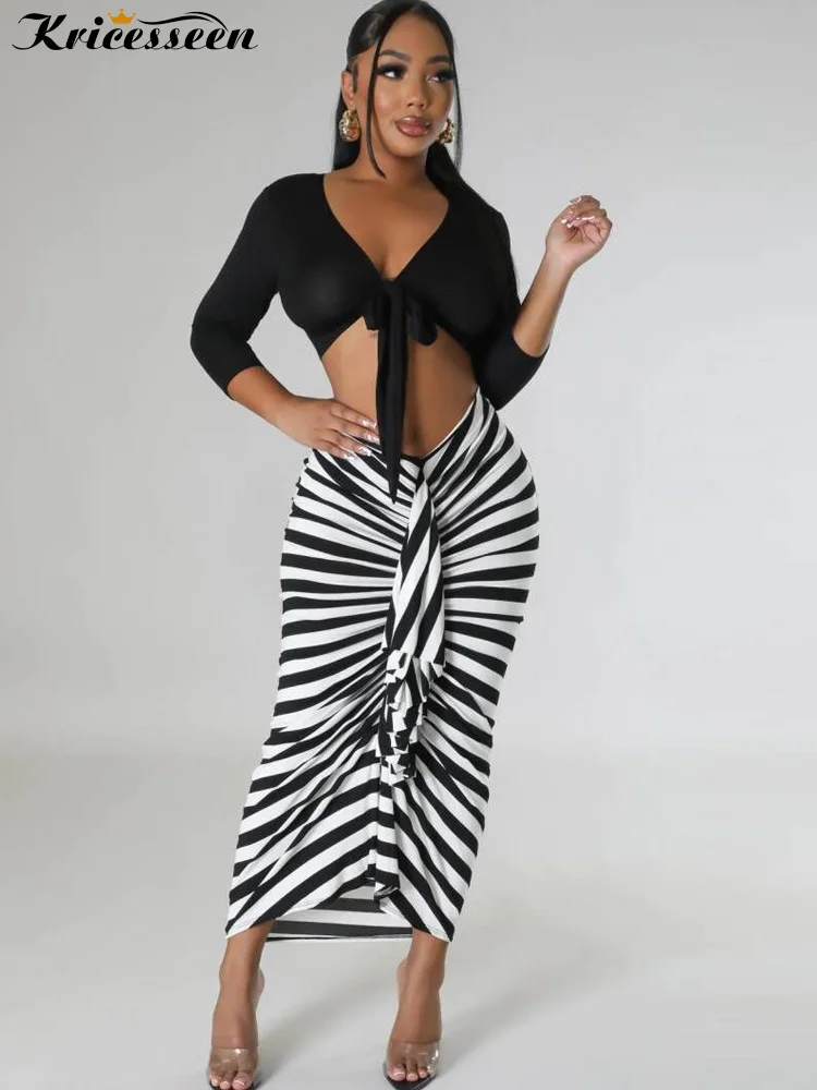 

Beyprern Elegant V Neck Long Sleeves Self Tie Crop Top And High Waisted Ruffles Skirt Set 2 Piece Night Club Outfits Clubwear