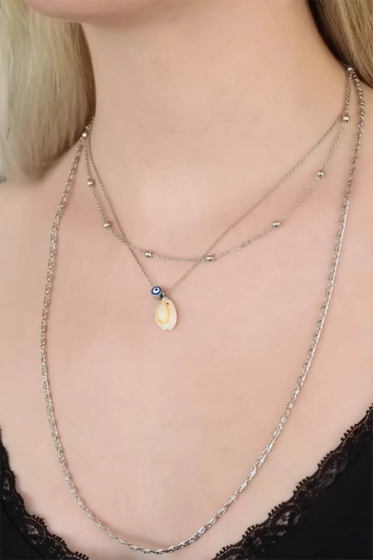 

Stone Detailed Silver-Color Triple Chain Necklace Evil Eye Beaded Sea -Shelled Daily Use Classic Style