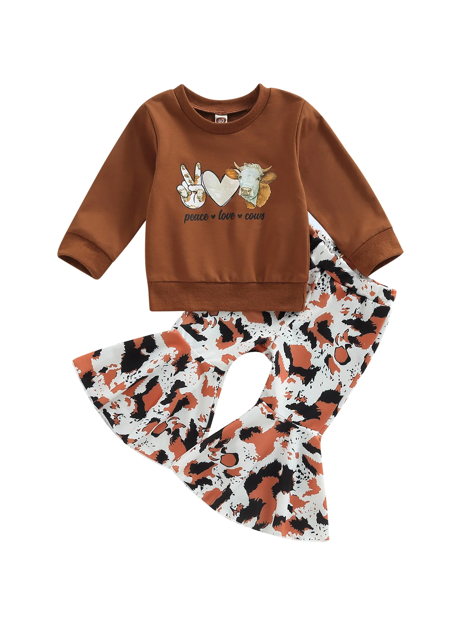 

Комплекты одежды в западном стиле для маленьких девочек, штаны с колокольчиками, наряд с длинным рукавом, свитшот с надписью и головой быка, расклешенные брюки из коровы